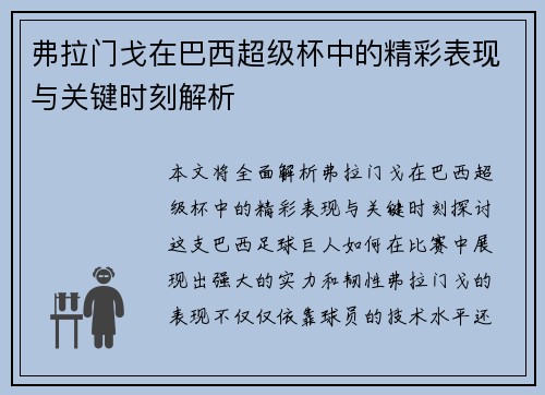 弗拉门戈在巴西超级杯中的精彩表现与关键时刻解析