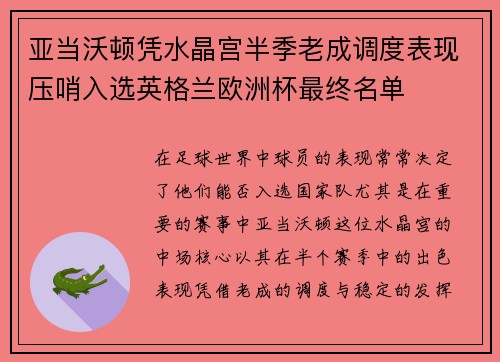亚当沃顿凭水晶宫半季老成调度表现压哨入选英格兰欧洲杯最终名单